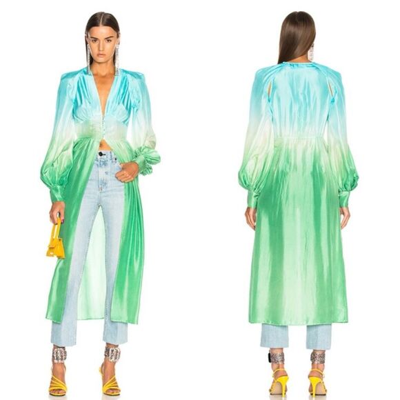 THE ATTICO Silk Robe Dress Size 40 Small Ombré Teal Green Blue Open Front - Picture 1 of 16